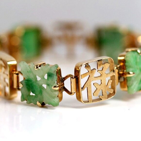 VINTAGE JADE CARVED GREEN CHINESE 14K YELLOW GOLD BRACELET - Picture 1 of 12